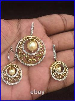 Pave 12.46 Cts Natural Diamonds Pearl Pendant Earrings Set In Solid 14Karat Gold