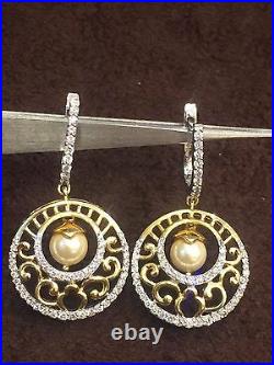 Pave 12.46 Cts Natural Diamonds Pearl Pendant Earrings Set In Solid 14Karat Gold