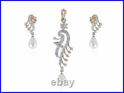 Pave 13.95 Carats Natural Diamonds Pearl Pendant Earrings Set In 14K Yellow Gold