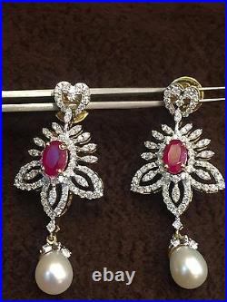 Pave 14.28 Carats Natural Diamonds Ruby Pearl Pendant Earrings Set In 14K Gold