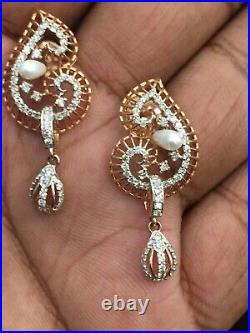 Pave 3.92 Cts Round Brilliant Cut Diamond Pearl Pendant Earrings Set In 14K Gold