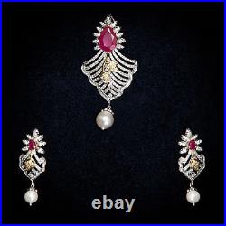 Pave 31.28 Carats Natural Diamonds Ruby Pearl Pendant Earrings Set In 14K Gold