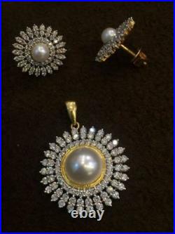 Pave 6.14 Cts Natural Diamonds Pearl Pendant Earrings Set In Solid 18Karat Gold
