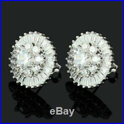 Pave Round Cut 14K White Gold Over Drop Prong Setting Studs Piercing Earrings