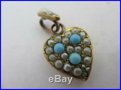 Pave Set Seed Pearl Faux Turquoise 9k Gold Cased Heart Pendant Antique. Tbj07162