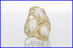 Pearl Cluster & Diamond Accent Prong Set Statement Ring 14k Yellow Gold Size 7