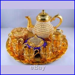 Pearl Coated Gold Turkish Tea Cups Set With Tea Pot Set of 6 perfect gift