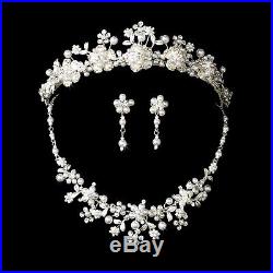 Pearl Crystal Bridal Necklace Earring Bridal Tiara Set Silver-White Gold-Ivory