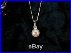 Pearl Diamond 14K White Gold Stud Earrings Pendent Necklace Set