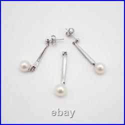 Pearl Diamond Drop Earrings Pendant Set 14K White Gold