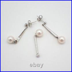 Pearl Diamond Drop Earrings Pendant Set 14K White Gold