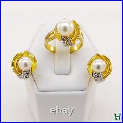 Pearl & Diamond Earrings and Ring w Flower Petals Set, in 14k Yellow Gold