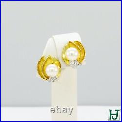 Pearl & Diamond Earrings and Ring w Flower Petals Set, in 14k Yellow Gold