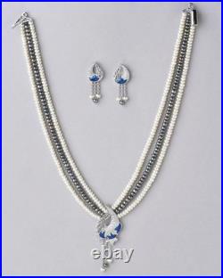 Pearl & Diamond with Enamel 14K White Gold Over 3-Line Necklace & Earrings Sets