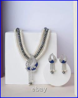 Pearl & Diamond with Enamel 14K White Gold Over 3-Line Necklace & Earrings Sets