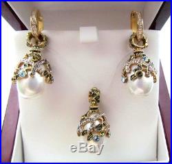 Pearl Earrings & Pendant Set Handmade Russian Solid Sterling Silver 925 24k Gold
