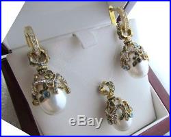 Pearl Earrings & Pendant Set Handmade Russian Solid Sterling Silver 925 24k Gold