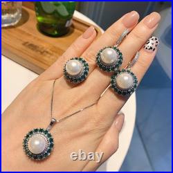 Pearl, Emerald & Diamond 18K White Gold Over Necklace, Earrings & Ring Jewelry Set Pearl, Emerald & Diamond 18K White Gold Over Necklace, Earrings & Ring Jewelry Set