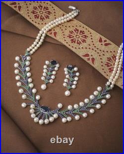 Pearl, Emerald, Sapphire & Diamond 14K White Gold Over Necklace & Earrings Sets