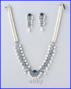 Pearl, Emerald, Sapphire & Diamond 14K White Gold Over Necklace & Earrings Sets
