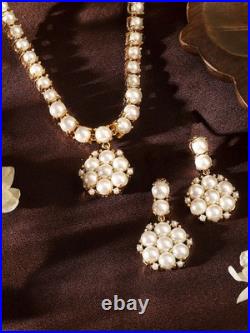 Pearl Floral Pendant 18K Yellow Gold Over Necklace & Drop Earrings Jewellery Set