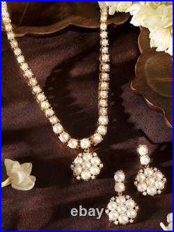 Pearl Floral Pendant 18K Yellow Gold Over Necklace & Drop Earrings Jewellery Set