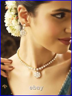 Pearl Floral Pendant 18K Yellow Gold Over Necklace & Drop Earrings Jewellery Set