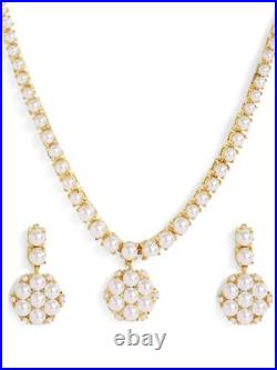 Pearl Floral Pendant 18K Yellow Gold Over Necklace & Drop Earrings Jewellery Set