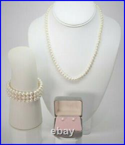 Pearl Necklace Earrings Cuff Set with 14K Gold 3 Pieces