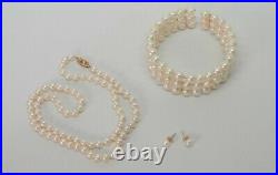 Pearl Necklace Earrings Cuff Set with 14K Gold 3 Pieces