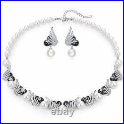 Pearl Necklace Earrings Set Black Heart Crystals Angel Wings White Gold Plated