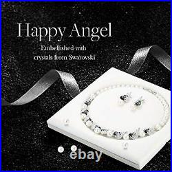 Pearl Necklace Earrings Set Black Heart Crystals Angel Wings White Gold Plated