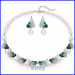 Pearl Necklace Earrings Set Green Heart Crystals Angel Wings White Gold Plated