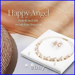 Pearl Necklace Earrings Set Multi Colored Heart Crystals Wings Rose Gold Plated