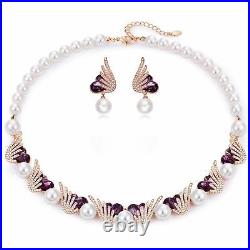 Pearl Necklace Earrings Set Purple Heart Crystals Angel Wings Rose Gold Plated