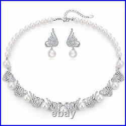 Pearl Necklace Earrings Set White Heart Crystals Angel Wings White Gold Plated