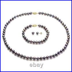 Pearl Necklace, Earrings and Bracelet Set 14k Yellow Gold 6-7mm Black Freshwater