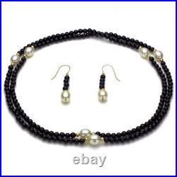 Pearl Necklace Set 14k Yellow Gold 8-9mm White Pearl & 3-4mm Black Onyx Endless