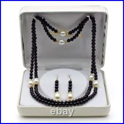 Pearl Necklace Set 14k Yellow Gold 8-9mm White Pearl & 3-4mm Black Onyx Endless