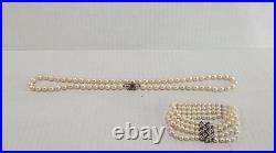 Pearl Necklace and Bracelet Bangle 4 Strand in 585 White Gold with Ruby Gem Set