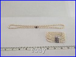 Pearl Necklace and Bracelet Bangle 4 Strand in 585 White Gold with Ruby Gem Set