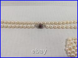 Pearl Necklace and Bracelet Bangle 4 Strand in 585 White Gold with Ruby Gem Set