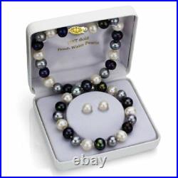 Pearl Necklace and Earrings Set 14kYellow Gold 8-9mm Black-Grey-White Freshwater