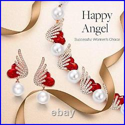Pearl Necklace and Earrings Set Red Heart Crystals Angel Wings Rose Gold Plated