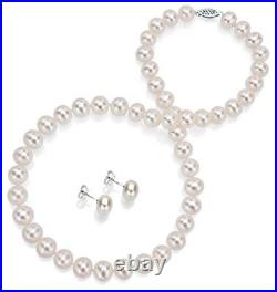 Pearl Necklace and Stud Earrings Set 14k White Gold 7-8mm White Freshwater