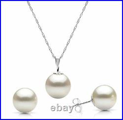 Pearl Necklace and Stud Earrings Set 14k White Gold 8-8.5mm White Freshwater