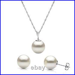 Pearl Necklace and Stud Earrings Set 14k White Gold 8-8.5mm White Japanese Akoya