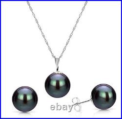 Pearl Necklace and Stud Earrings Set 14k White Gold 9-9.5mm Dyedblack Freshwater