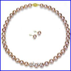 Pearl Necklace and Stud Earrings Set 14k Yellow Gold 7-7.5mm Pink Freshwater