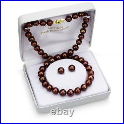 Pearl Necklace and Stud Earrings Set 14k Yellow Gold 8-9mm Chocolate Freshwater